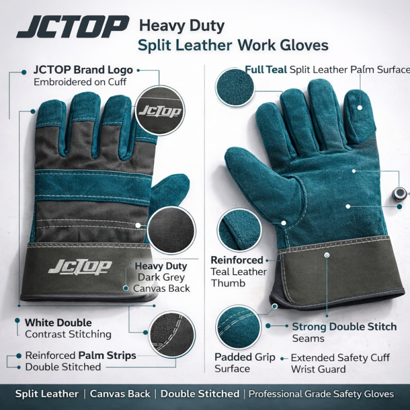 High-Performance JCTOP Heavy-Duty Split Leather Work Gloves – Blue & Dark Gray with Safety Cuff