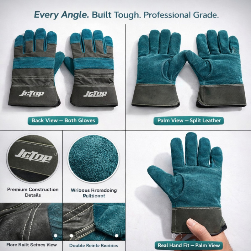 High-Performance JCTOP Heavy-Duty Split Leather Work Gloves – Blue & Dark Gray with Safety Cuff