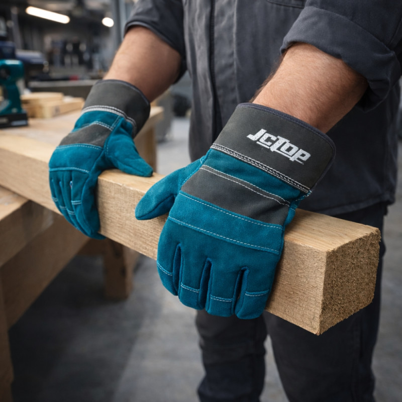 High-Performance JCTOP Heavy-Duty Split Leather Work Gloves – Blue & Dark Gray with Safety Cuff