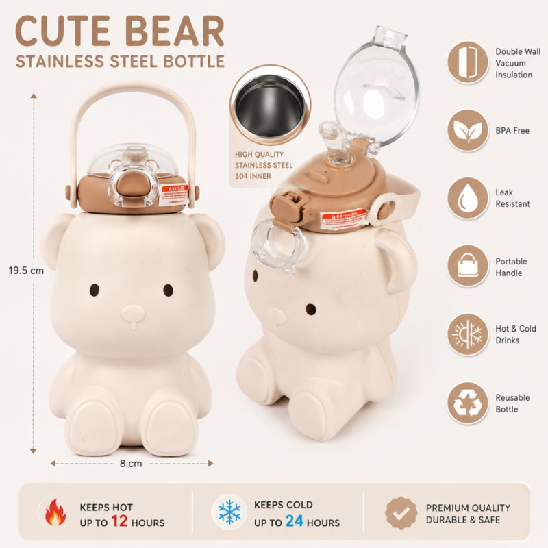 Evocative cute bear-shaped stainless steel insulated bottle – Ivroy (19.5cm)