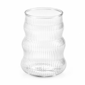 Clear Glass Drinking Tumbler Featuring a Wavy Ripple Design and a Fine Ribbed Texture – Transparent