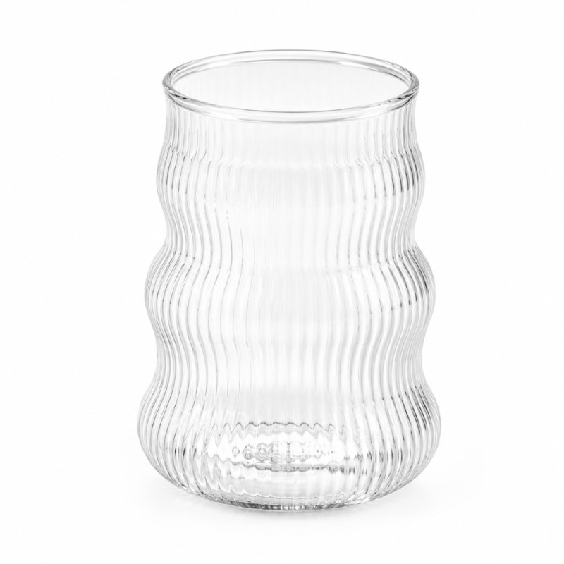 Clear Glass Drinking Tumbler Featuring a Wavy Ripple Design and a Fine Ribbed Texture – Transparent