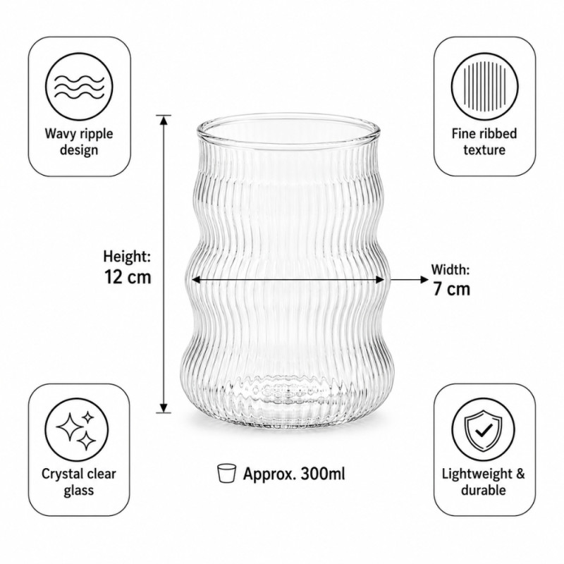 Clear Glass Drinking Tumbler Featuring a Wavy Ripple Design and a Fine Ribbed Texture – Transparent