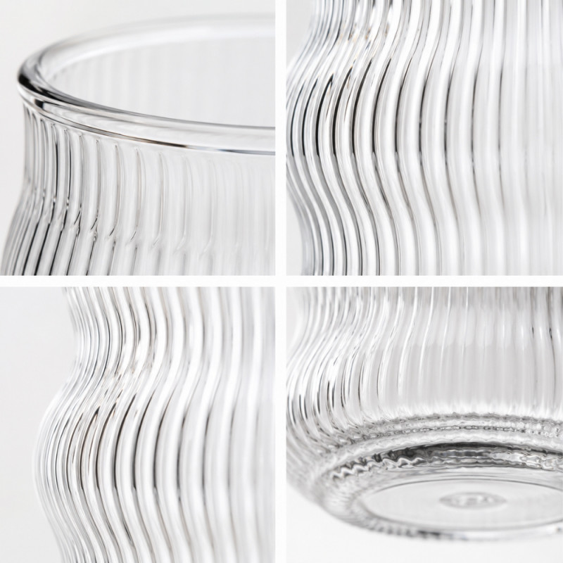 Clear Glass Drinking Tumbler Featuring a Wavy Ripple Design and a Fine Ribbed Texture – Transparent