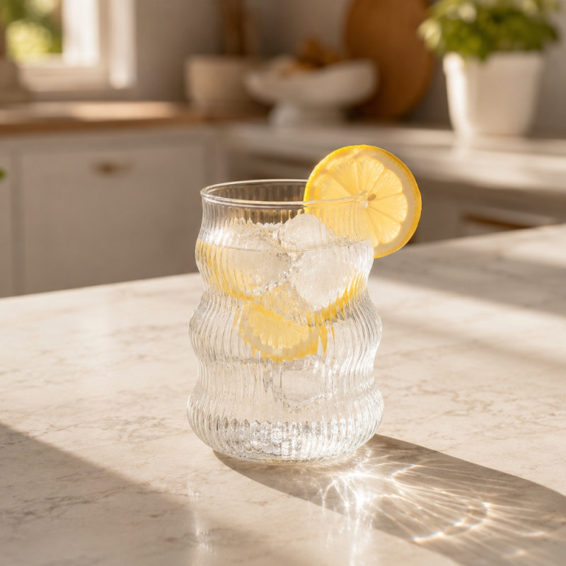 Clear Glass Drinking Tumbler Featuring a Wavy Ripple Design and a Fine Ribbed Texture – Transparent
