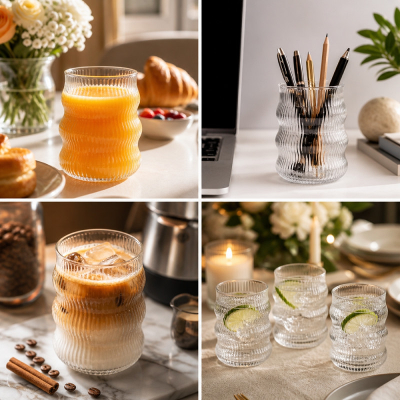 Clear Glass Drinking Tumbler Featuring a Wavy Ripple Design and a Fine Ribbed Texture – Transparent