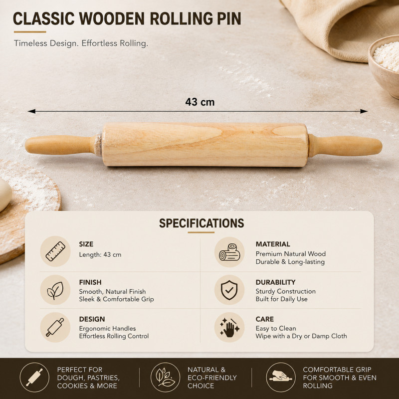 Deluxe Select Rolling Pin Designed for Everyday Cooking &amp; Kitchen Excellence – Wooden (L-43 CM)