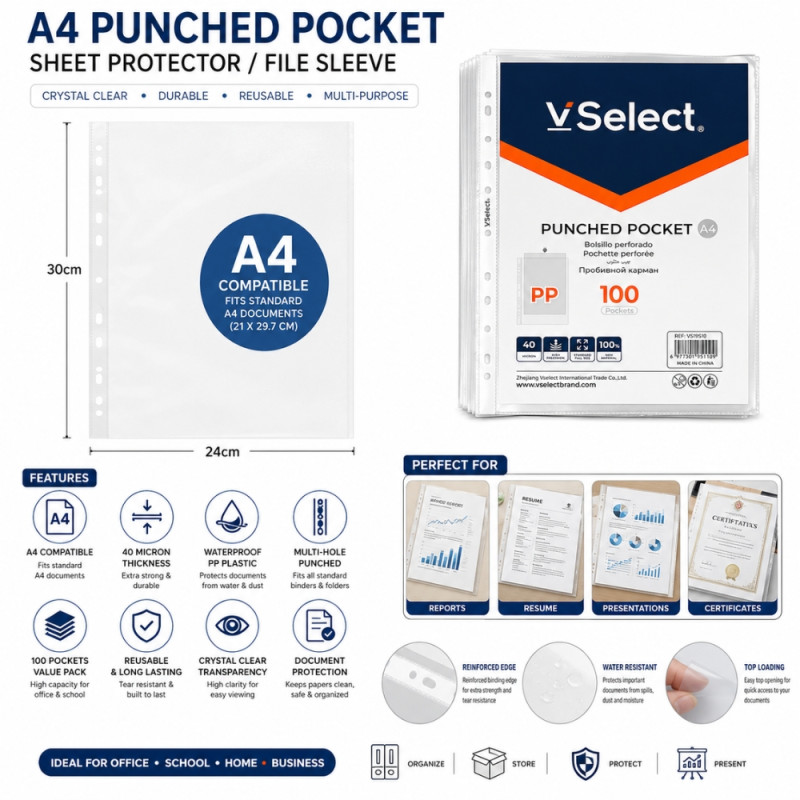 Premium A4 Punched Pocket Sheet Protector Valued 100-Pack (White, 24cm x 30cm)