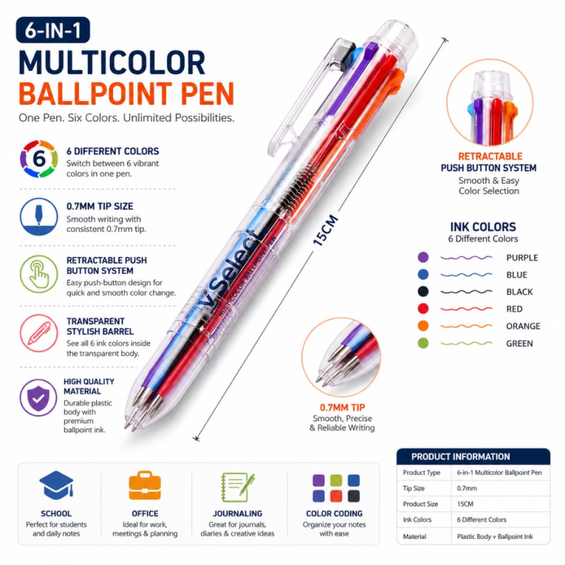6-in-1 Multicolor Ballpoint Pen with a Transparent Barrel and a 0.7mm Tip – 15cm