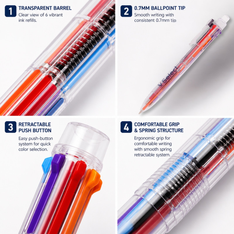 6-in-1 Multicolor Ballpoint Pen with a Transparent Barrel and a 0.7mm Tip – 15cm