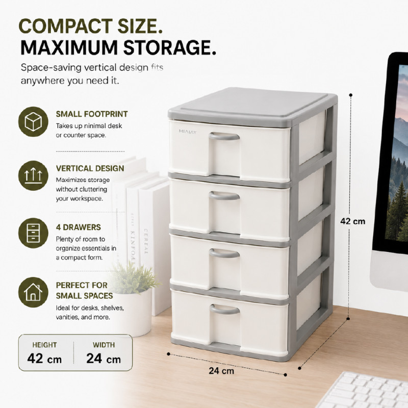 Polypropylene 4-Tier Drawer Storage Cabinet – 42 x 24 cm – Off-White & Gray