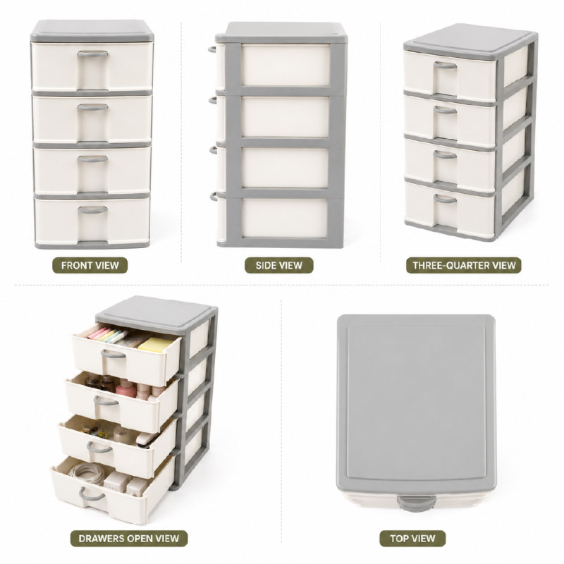 Polypropylene 4-Tier Drawer Storage Cabinet – 42 x 24 cm – Off-White & Gray