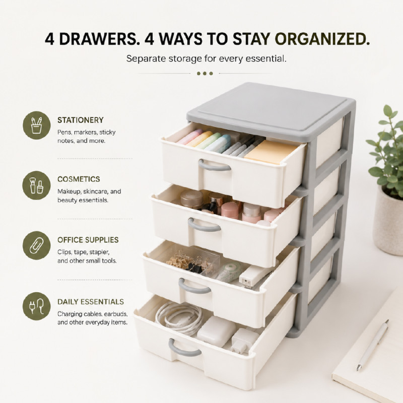 Polypropylene 4-Tier Drawer Storage Cabinet – 42 x 24 cm – Off-White & Gray