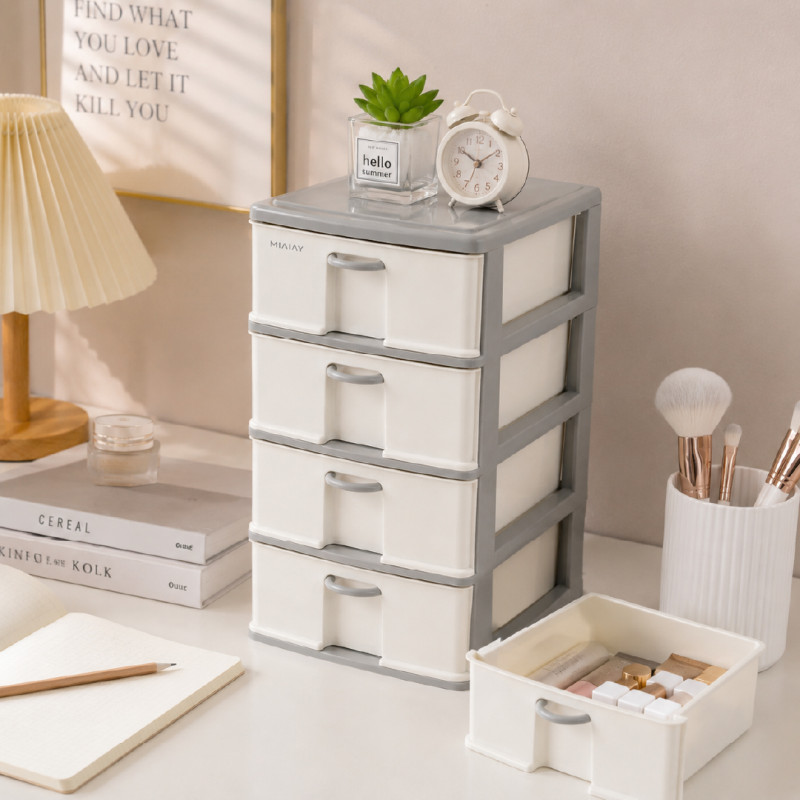 Polypropylene 4-Tier Drawer Storage Cabinet – 42 x 24 cm – Off-White & Gray