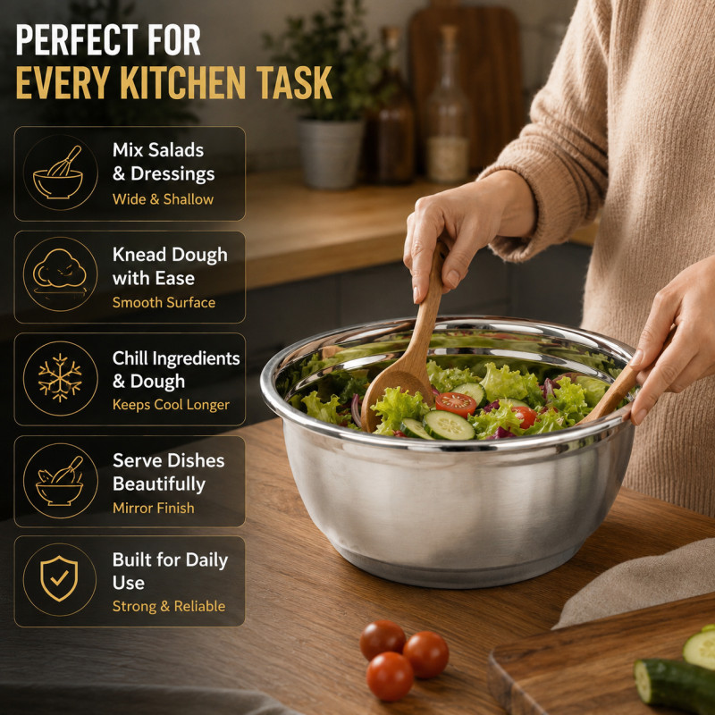 Light Grade Stainless Steel Mixing Bowl Designed for Everyday Cooking & Kitchen Excellence – Silver (H-15.5 CM)