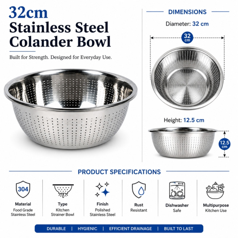 Stylish Steel Stainer – Silver Premium Quality (32Cm)