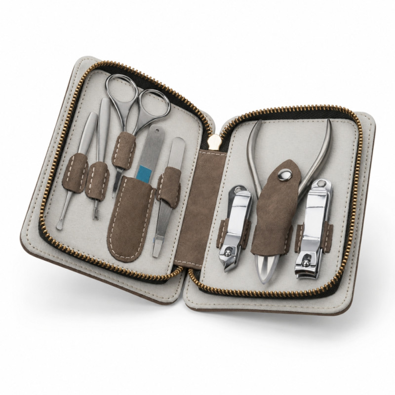 Premium Stainless Steel Manicure and Grooming Set in Grey Leather Zipper Case (15.5x11cm) – Box Brown / Product Silver