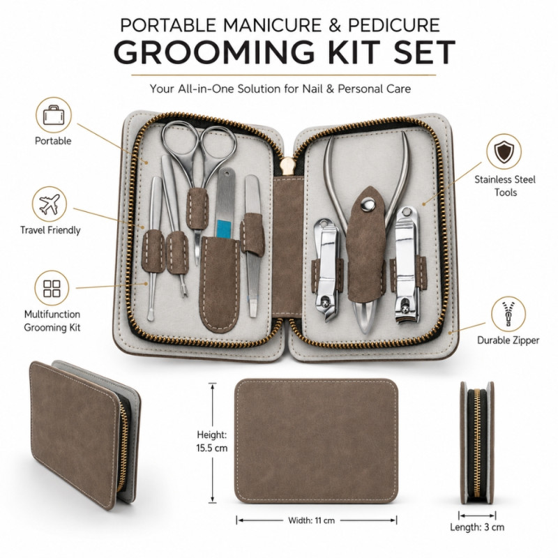Premium Stainless Steel Manicure and Grooming Set in Grey Leather Zipper Case (15.5x11cm) – Box Brown / Product Silver