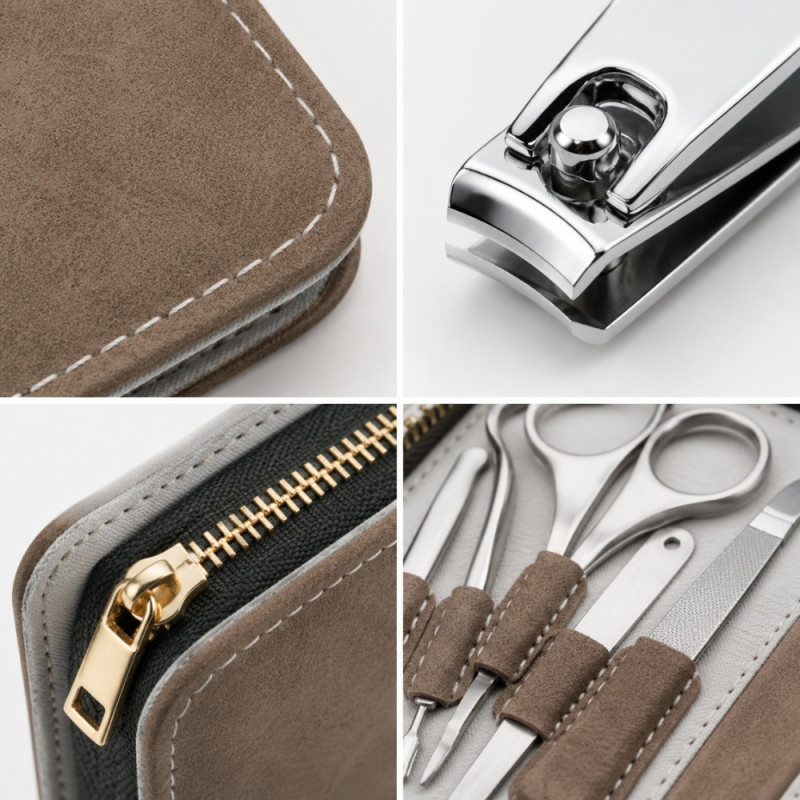 Premium Stainless Steel Manicure and Grooming Set in Grey Leather Zipper Case (15.5x11cm) – Box Brown / Product Silver