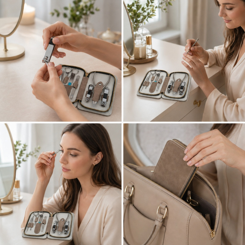 Premium Stainless Steel Manicure and Grooming Set in Grey Leather Zipper Case (15.5x11cm) – Box Brown / Product Silver