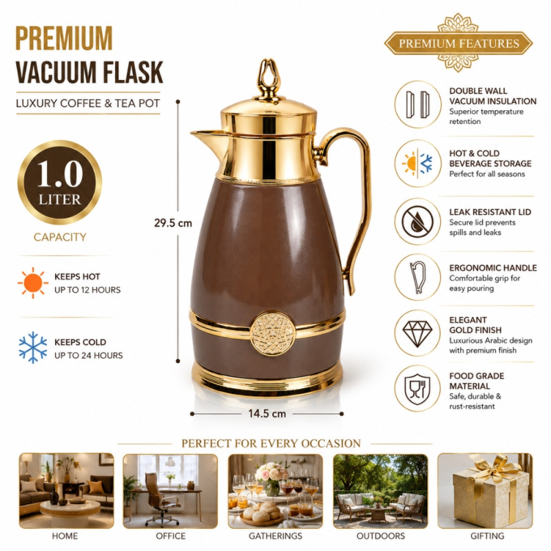 Premium Insulated Vacuum Flask Set – Gray Red & Gold Arabic Coffee Style (29.5 x 14.5cm)