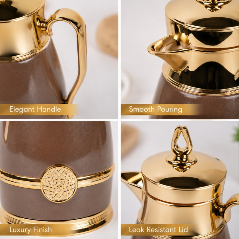 Premium Insulated Vacuum Flask Set – Gray Red & Gold Arabic Coffee Style (29.5 x 14.5cm)