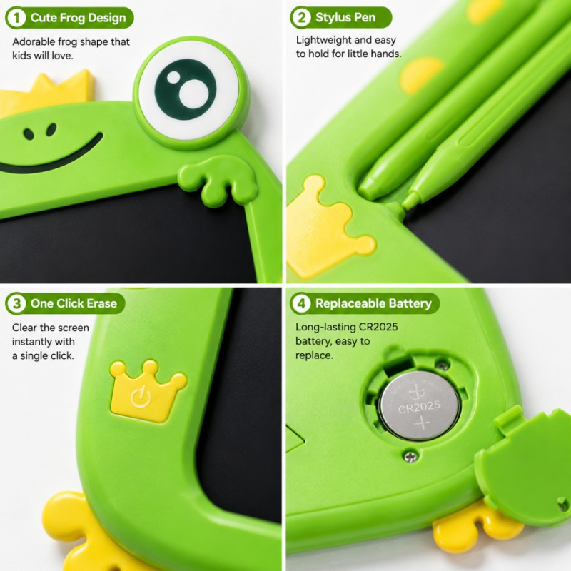 Green Frog-Shaped Digital LCD Writing Tablet for Kids – 28 x 24 cm