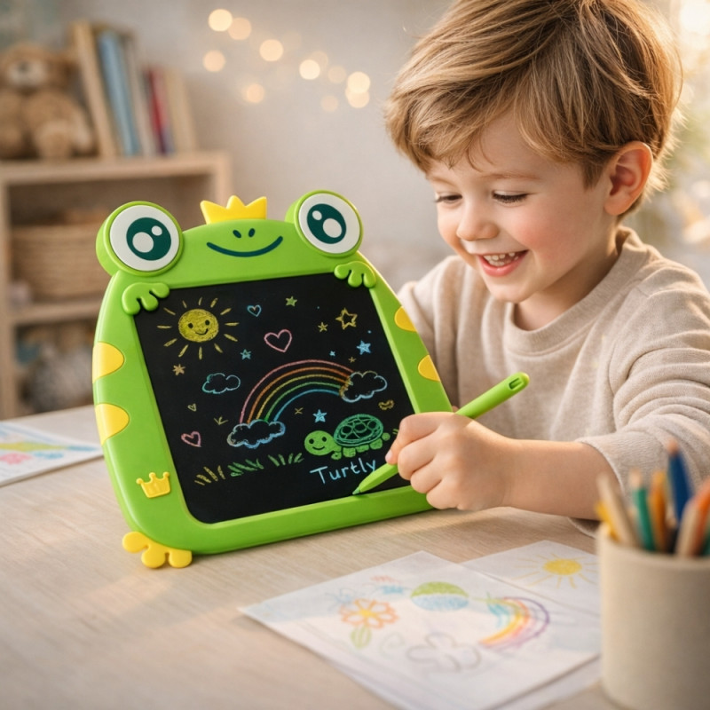 Green Frog-Shaped Digital LCD Writing Tablet for Kids – 28 x 24 cm