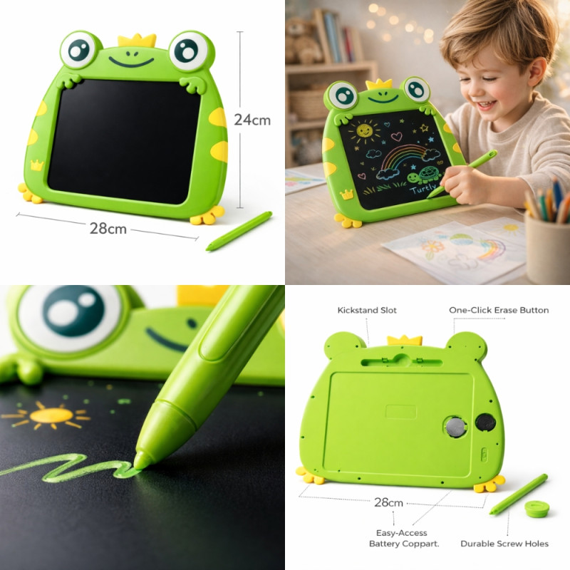 Green Frog-Shaped Digital LCD Writing Tablet for Kids – 28 x 24 cm