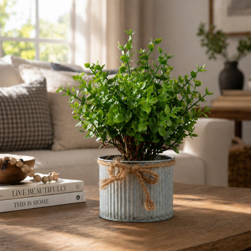 Professional Artificial Privet Plant – Green Foliage in Corrugated Metal Pot (23cm)