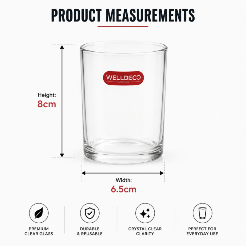 Professional Welldeco 6-Piece Multipurpose Glass Tumbler Set – Transparent (8cm)