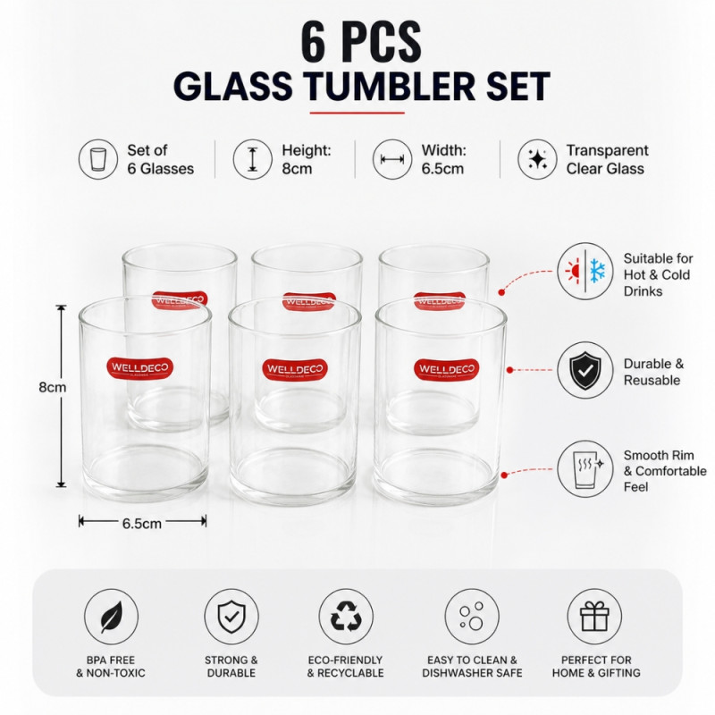 Professional Welldeco 6-Piece Multipurpose Glass Tumbler Set – Transparent (8cm)