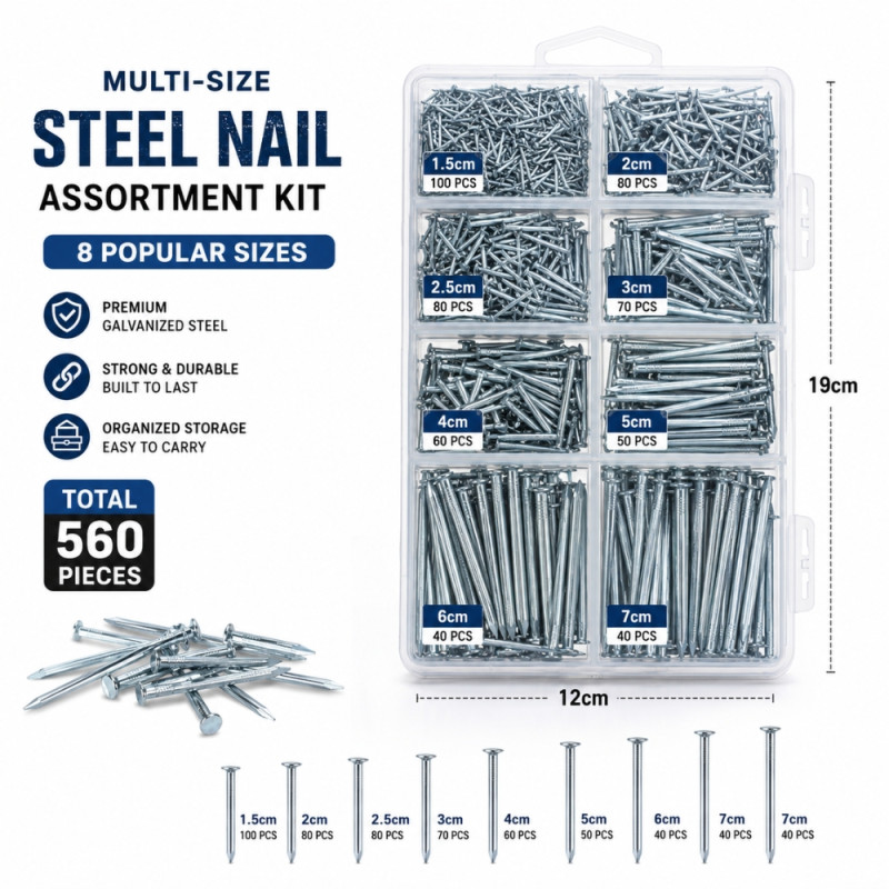 Ultra-Durable 560-Piece Galvanized Steel Nail Assortment Kit with Organizer Box, 19x12cm Silver