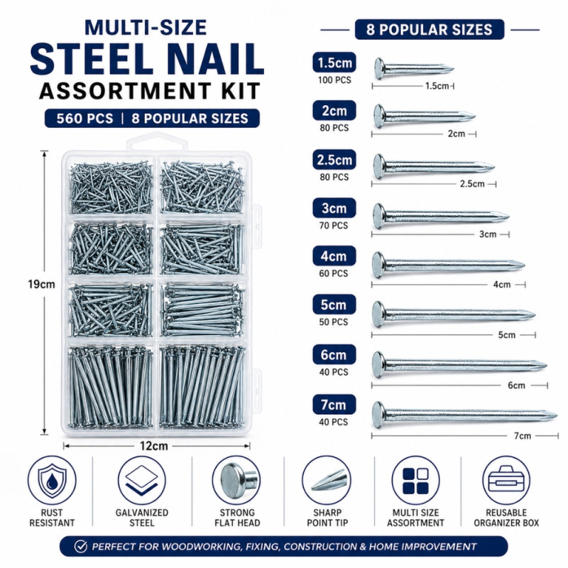 Ultra-Durable 560-Piece Galvanized Steel Nail Assortment Kit with Organizer Box, 19x12cm Silver