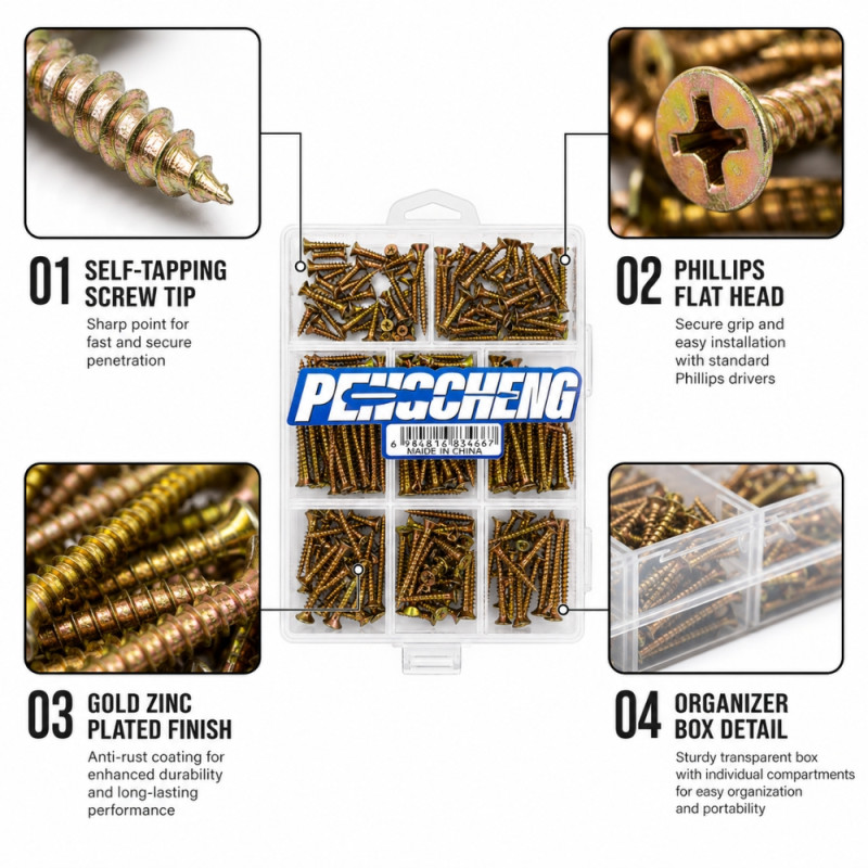 Ultra-Durable Wood Screw Assortment Kit, 280-Piece Zinc-Plated with Portable Organizer, Gold 19x12cm