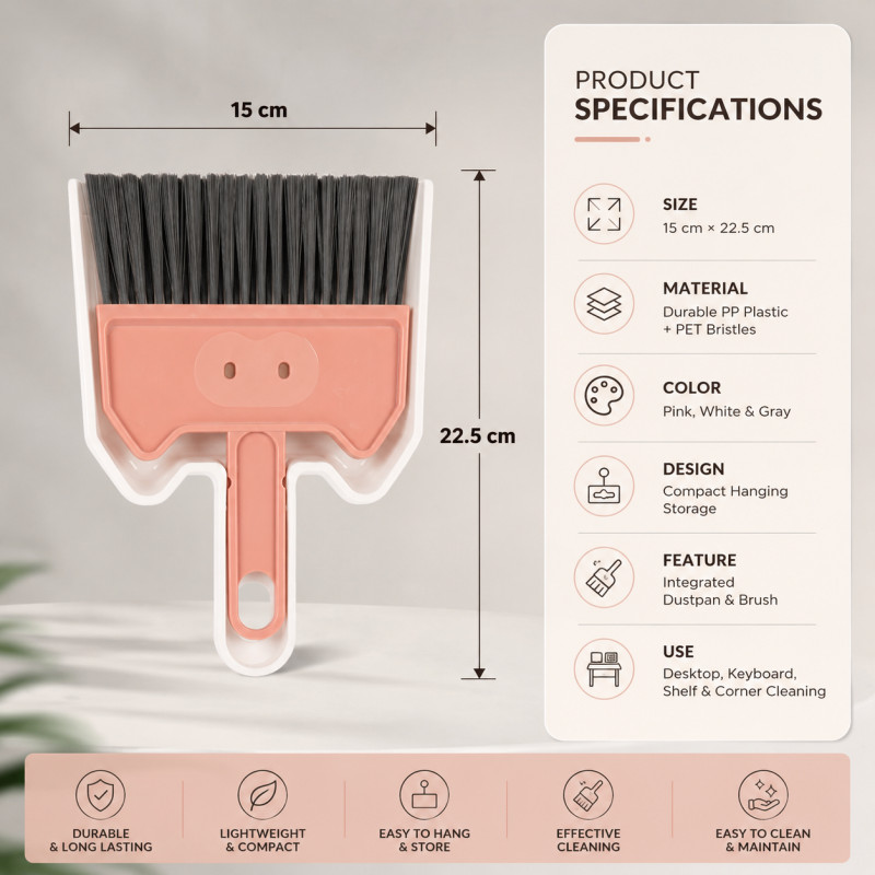 Lustrous Select Mini Desktop Brush And Dustpan Set Designed for Home &amp; Professional Cleaning – Pink (H-22.5, W-15 CM)