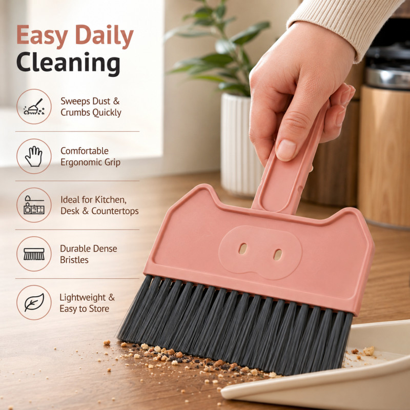Lustrous Select Mini Desktop Brush And Dustpan Set Designed for Home &amp; Professional Cleaning – Pink (H-22.5, W-15 CM)