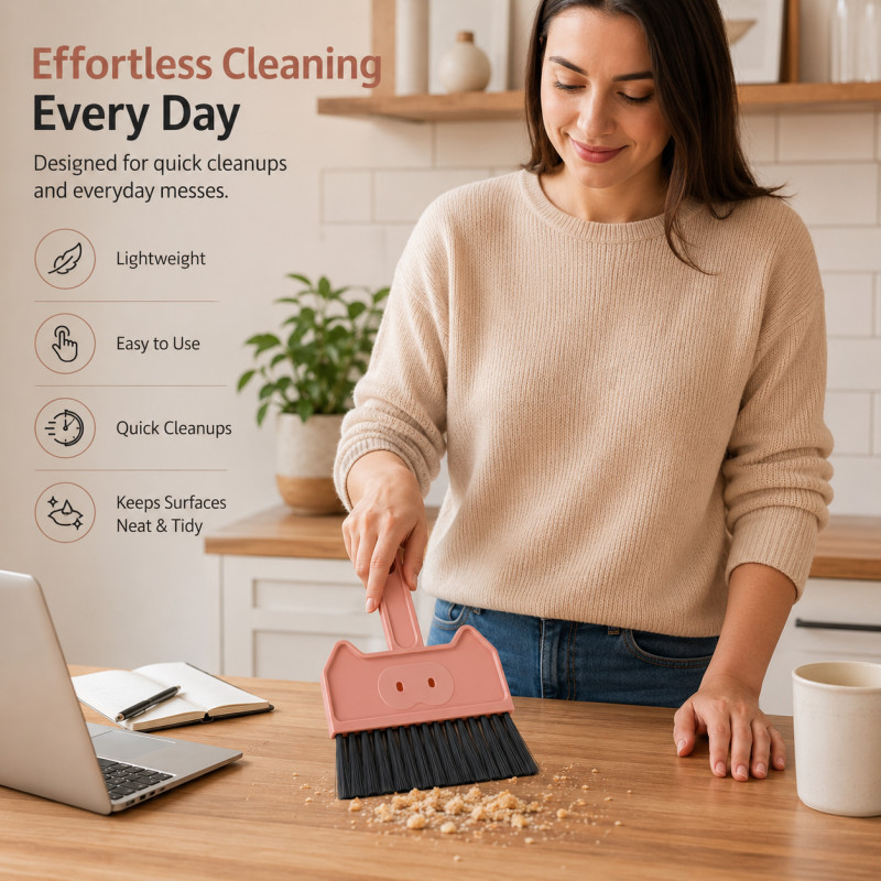 Lustrous Select Mini Desktop Brush And Dustpan Set Designed for Home &amp; Professional Cleaning – Pink (H-22.5, W-15 CM)