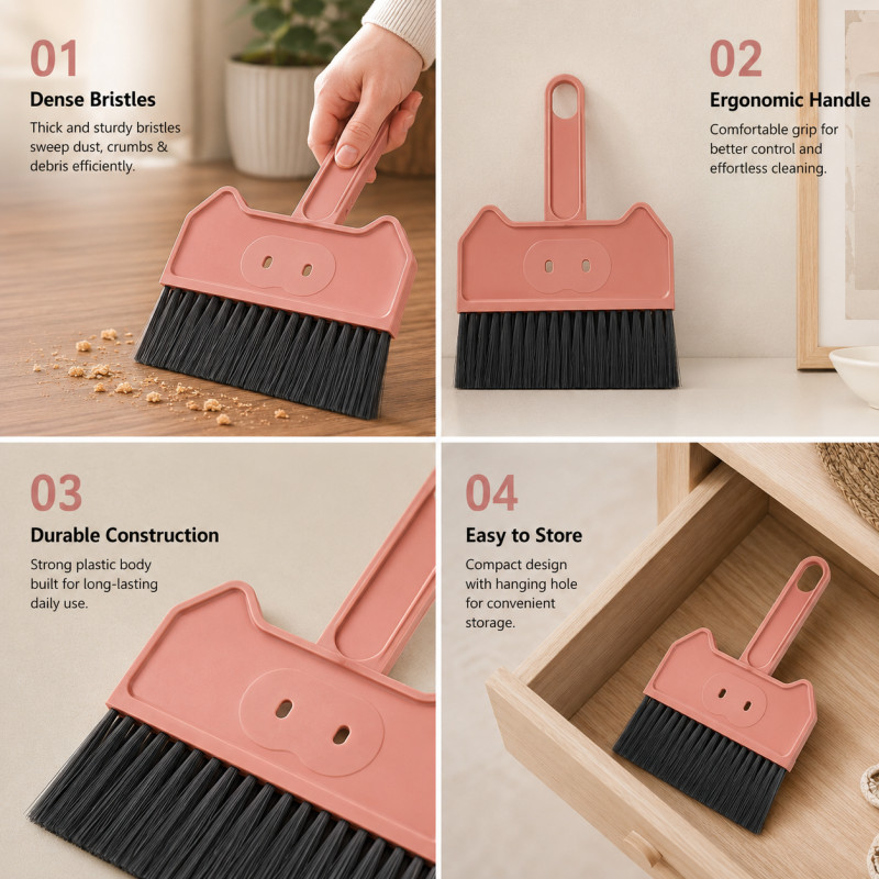 Lustrous Select Mini Desktop Brush And Dustpan Set Designed for Home &amp; Professional Cleaning – Pink (H-22.5, W-15 CM)