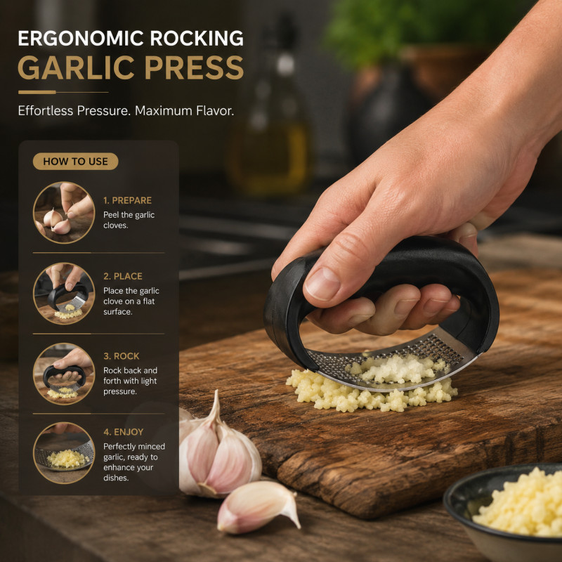 Smooth Grade Garlic Press Designed for Everyday Cooking &amp; Kitchen Excellence – Silver (H-11, W-6.5, L-5.5 CM)