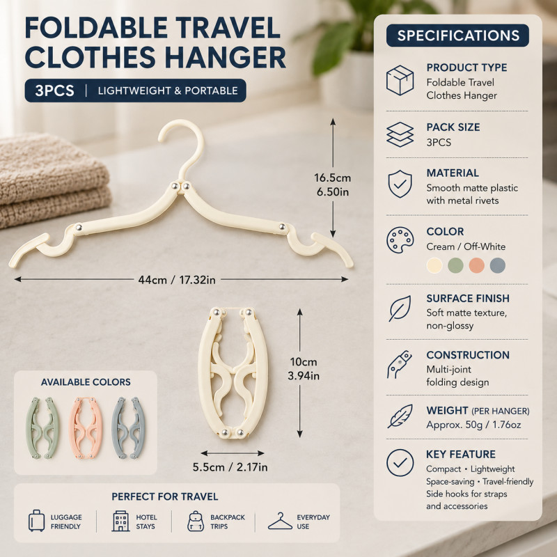 Ivory Cream Travel Clothes Hanger Designed for Effortless Laundry &amp; Garment Care – Cream (H-16.5, W-5.5, L-44 CM)
