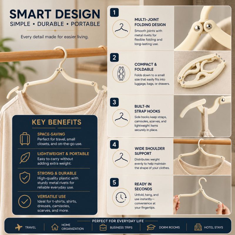 Ivory Cream Travel Clothes Hanger Designed for Effortless Laundry &amp; Garment Care – Cream (H-16.5, W-5.5, L-44 CM)