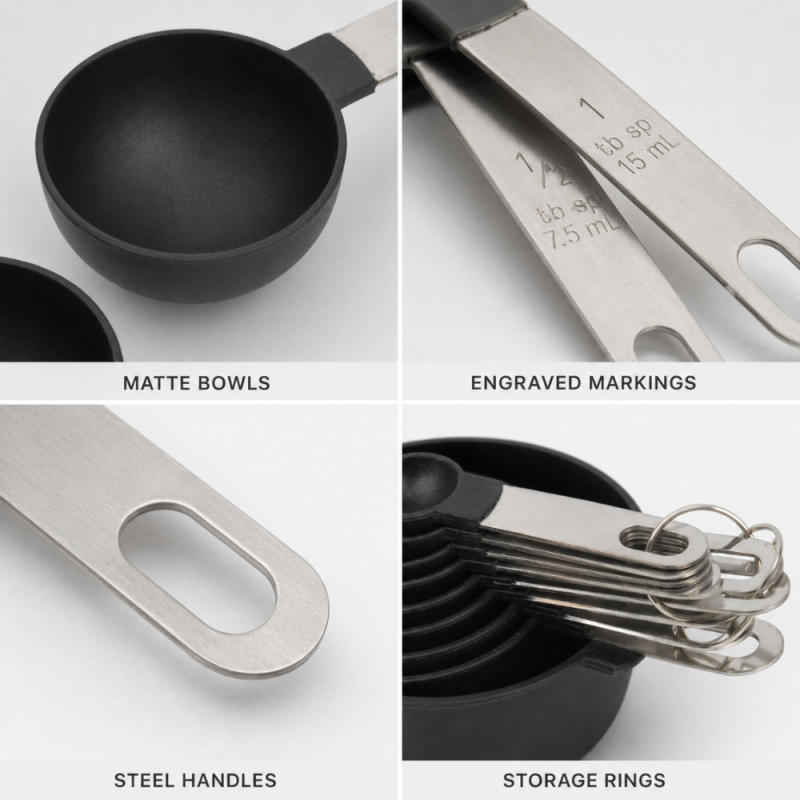 Elegant Black Measuring Cups and Spoons Set – Black (Silver)