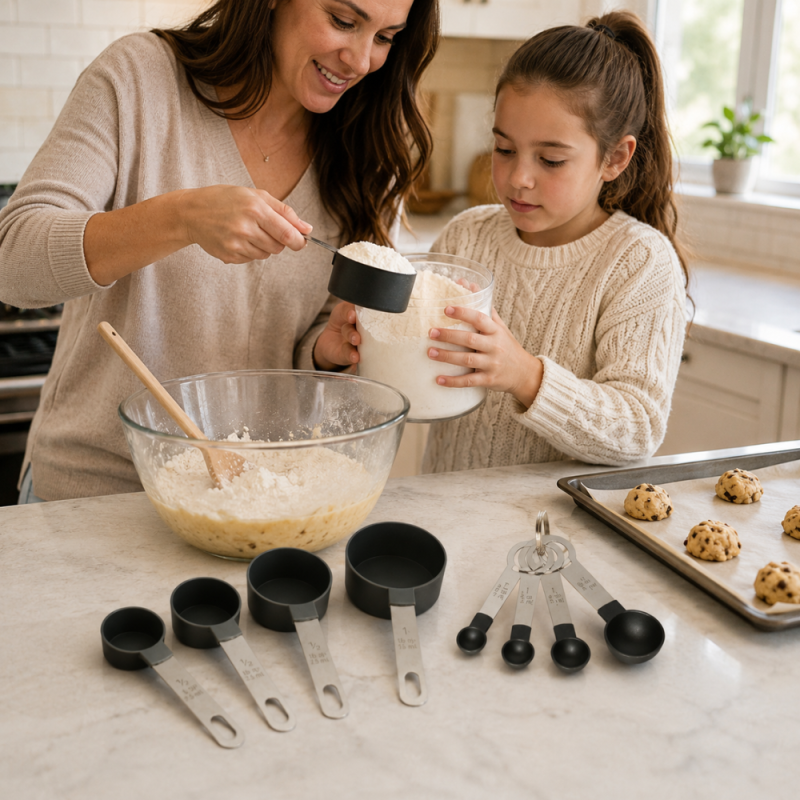 Elegant Black Measuring Cups and Spoons Set – Black (Silver)