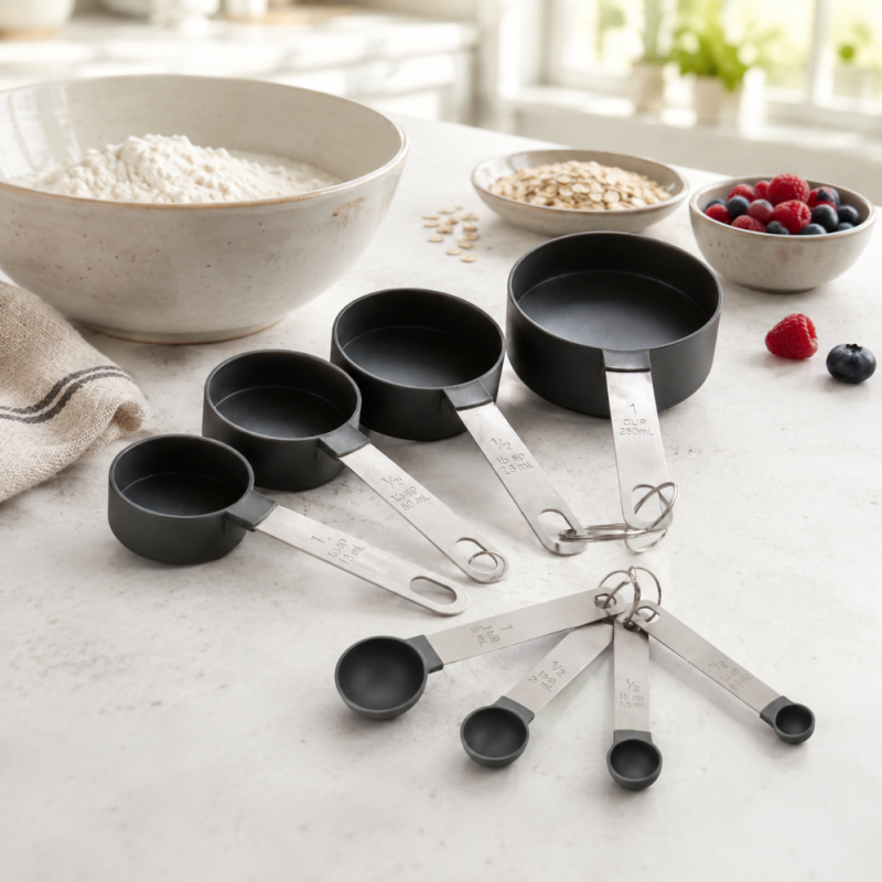 Elegant Black Measuring Cups and Spoons Set – Black (Silver)