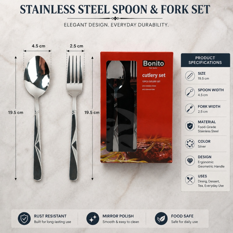 Modern Shine Cutlery Set Designed for Everyday Cooking &amp; Kitchen Excellence – Silver (H-19.5, W-4.5, L-19.5 CM)