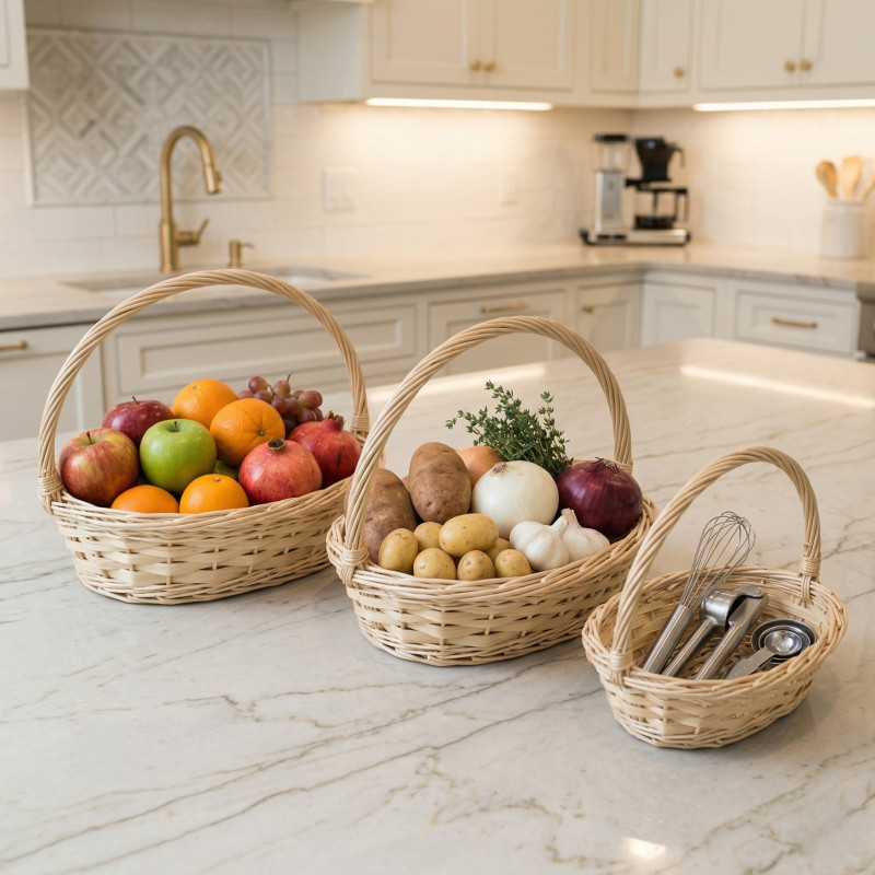 Professional 3-Piece Natural Oval Wicker Basket Set – Light Brown Storage