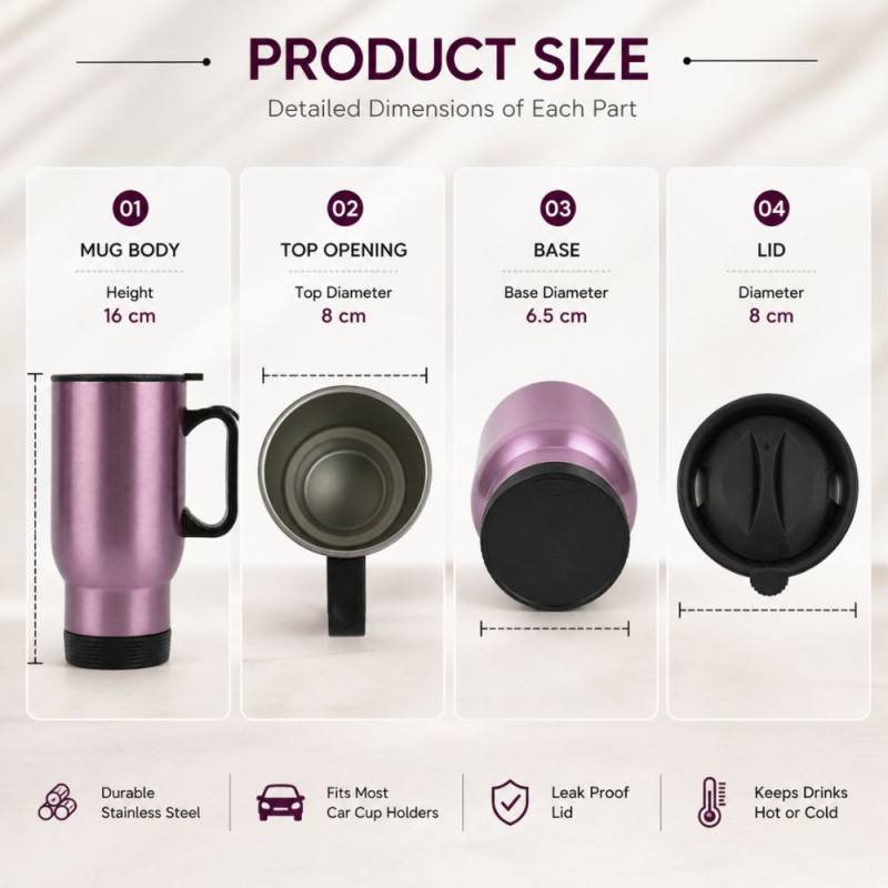 Professional Purple Stainless Steel Travel Mug – Insulated with Black Handle (16cm)