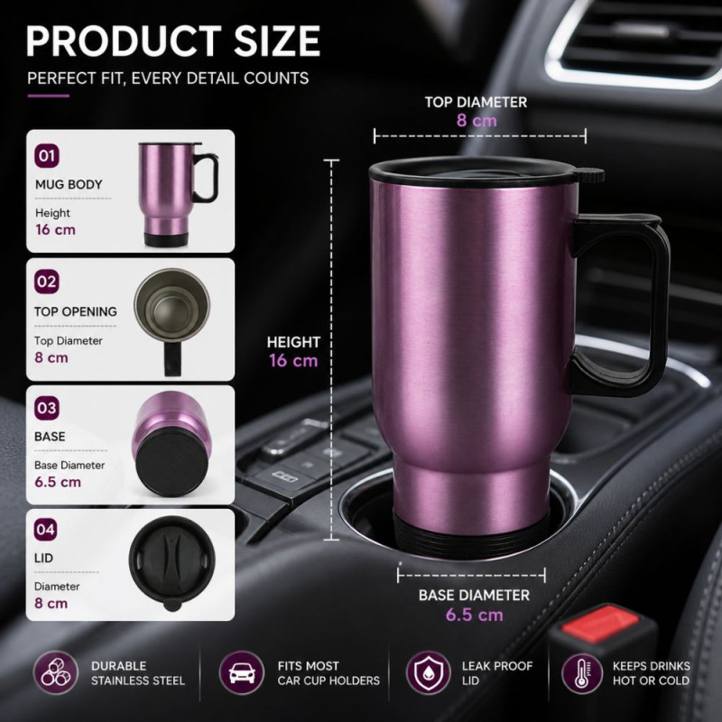 Professional Purple Stainless Steel Travel Mug – Insulated with Black Handle (16cm)