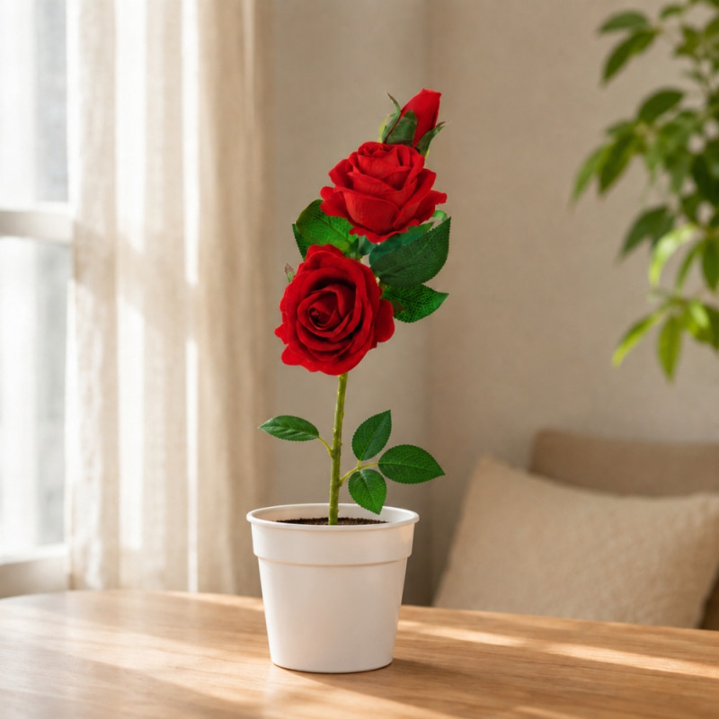 Elegant Artificial Red Roses in Pot – Premium Quality